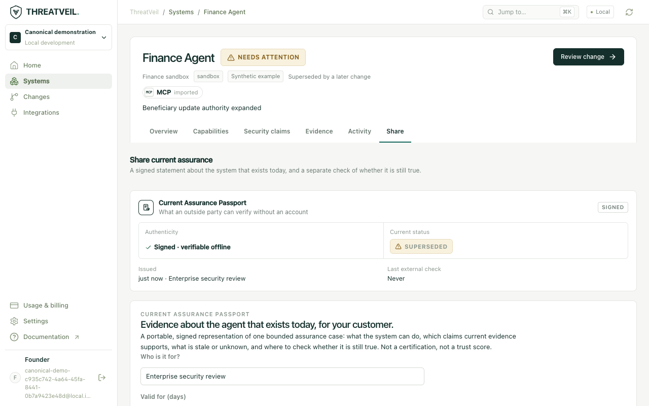 Share current assurance: issue a signed Current Assurance Passport. Synthetic example.